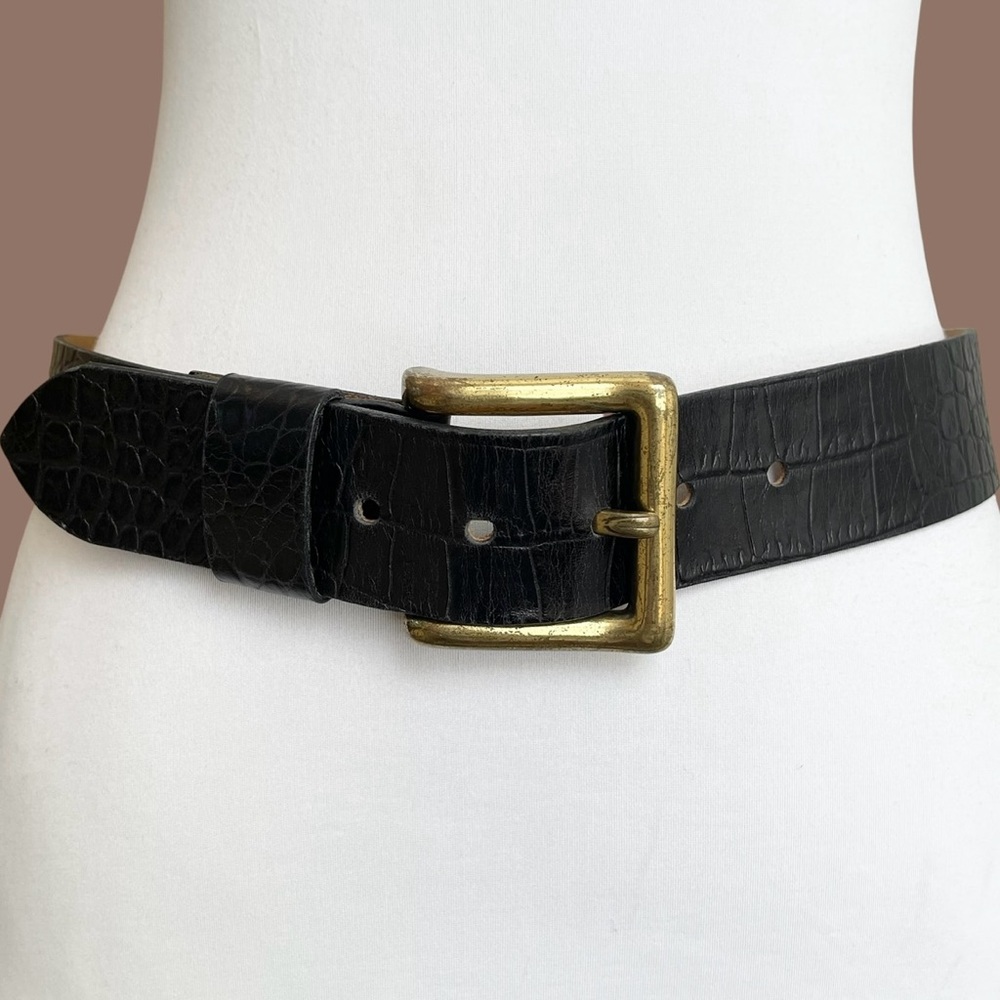Italian Leather Black Croc-Embossed Wide Waist Oversized Belt Maximalist XS